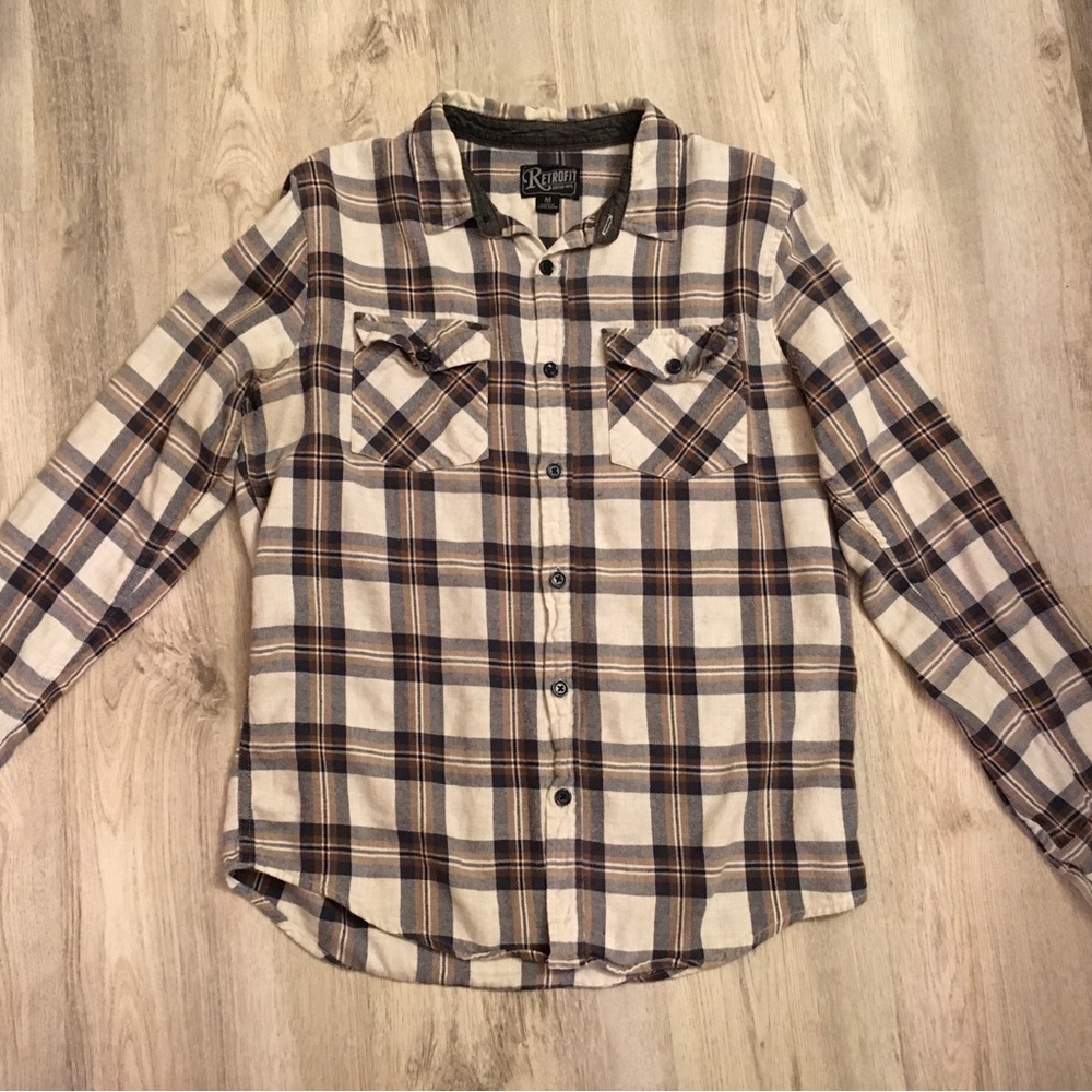 Retrofit Men's Checkered Button Down Shirt - Cream and Brown
